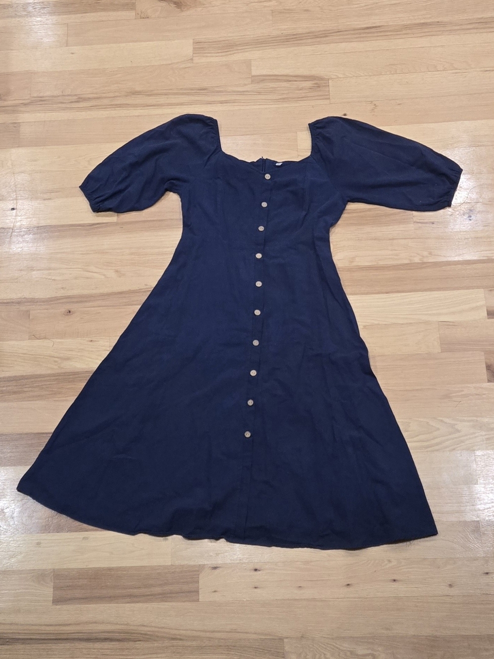 PatPat Classic Navy Faux Button-Front Midi Dress with Puff Sleeves